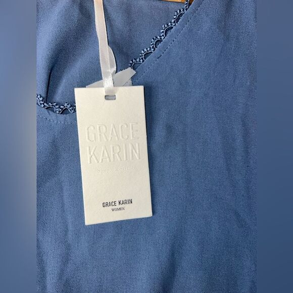 Grace Karin Slate Blue Top Long Sleeve V Neck Eyelet Lace Tiered Top Sz S NWT - Picture 3 of 8